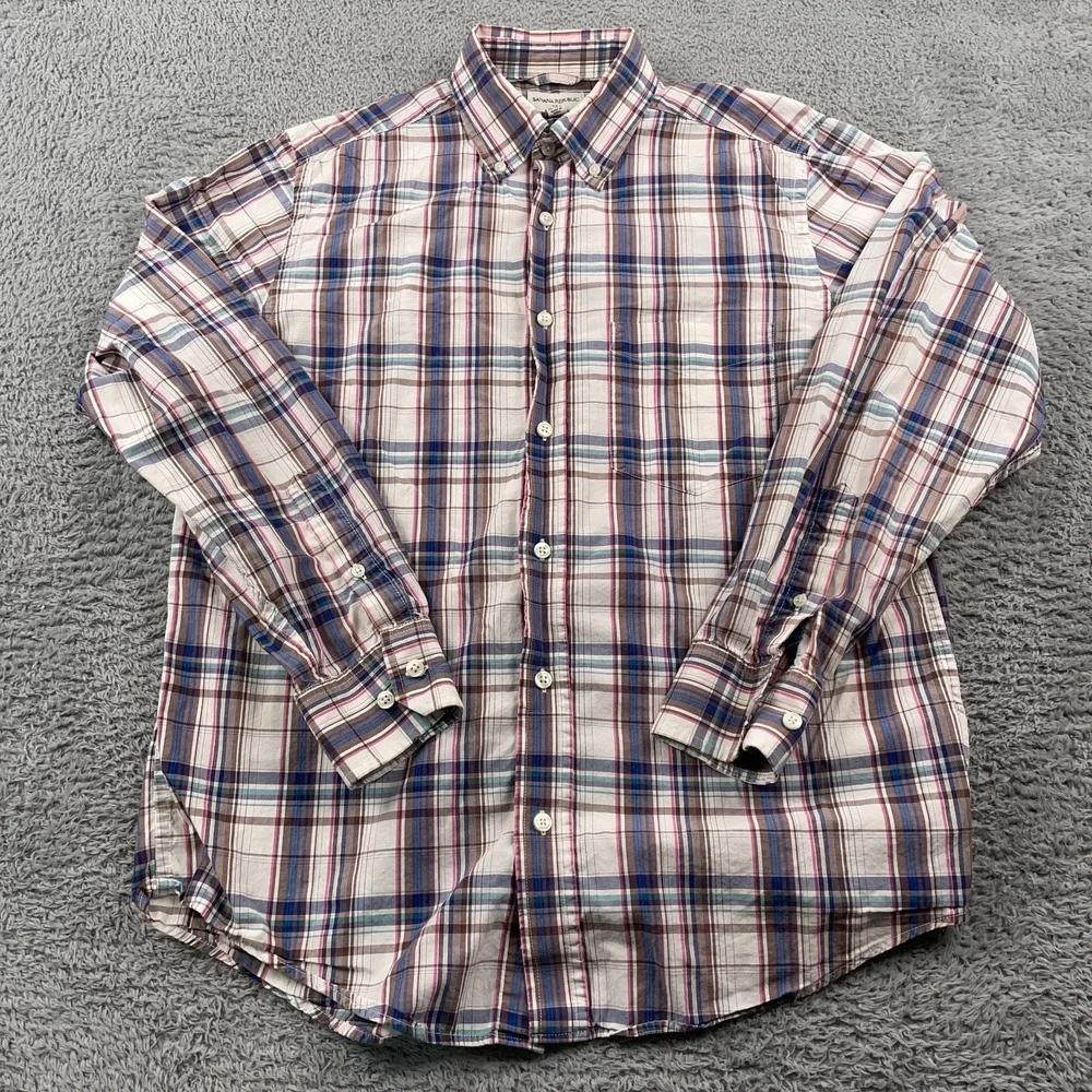 Banana Republic Shirt Mens Medium Multicolor Plaid Lightweight Cotton 15 15.5